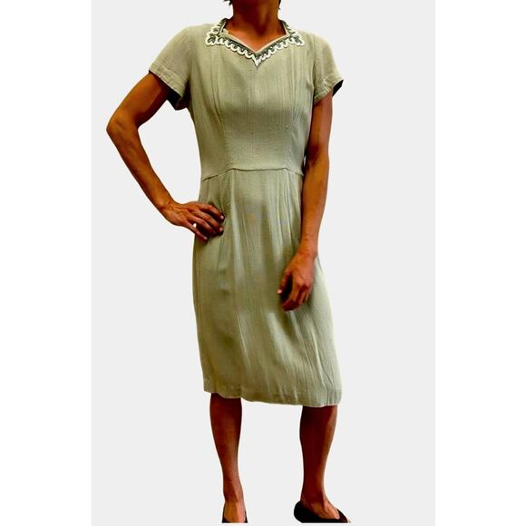 1940s Vintage Green Handmade Cotton Blend Cocktail Dress - Picture 6 of 6